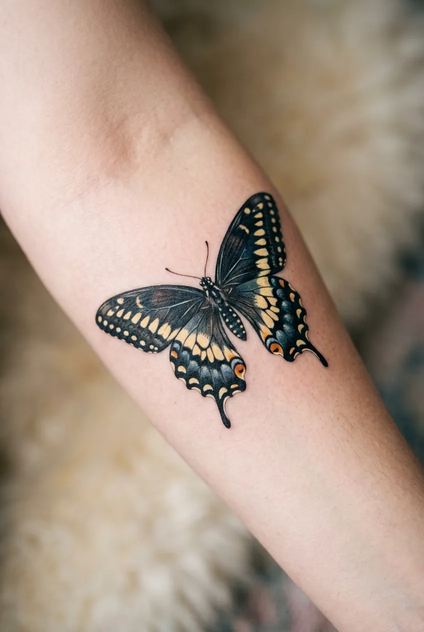 Black swallowtail butterfly tattoo on woman's forearm showing yellow spots and distinctive wing tails