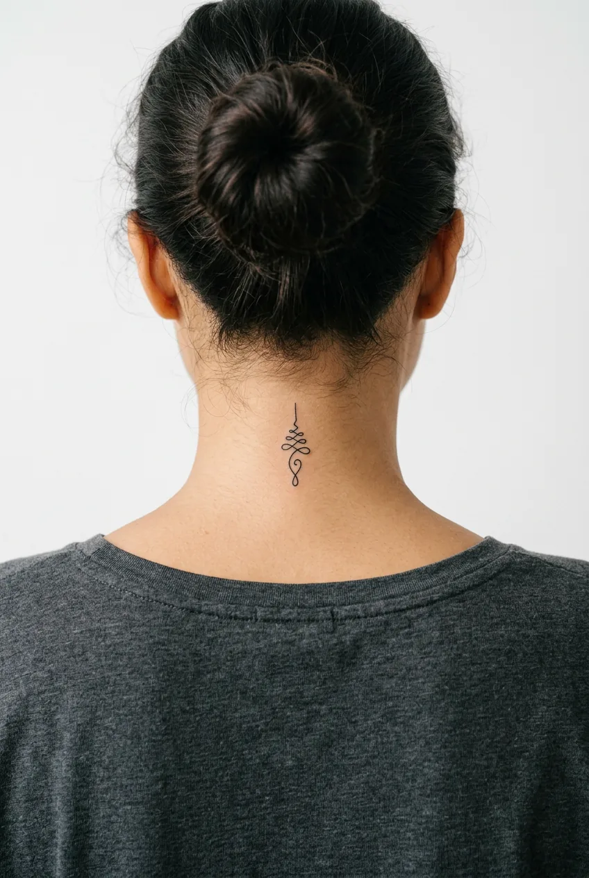 Small symbolic tattoo at the nape of woman's neck below hairline