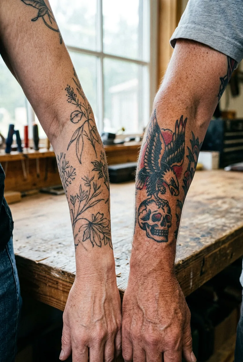 Two arms showing fine line versus bold traditional tattoo aging effects on different skin types