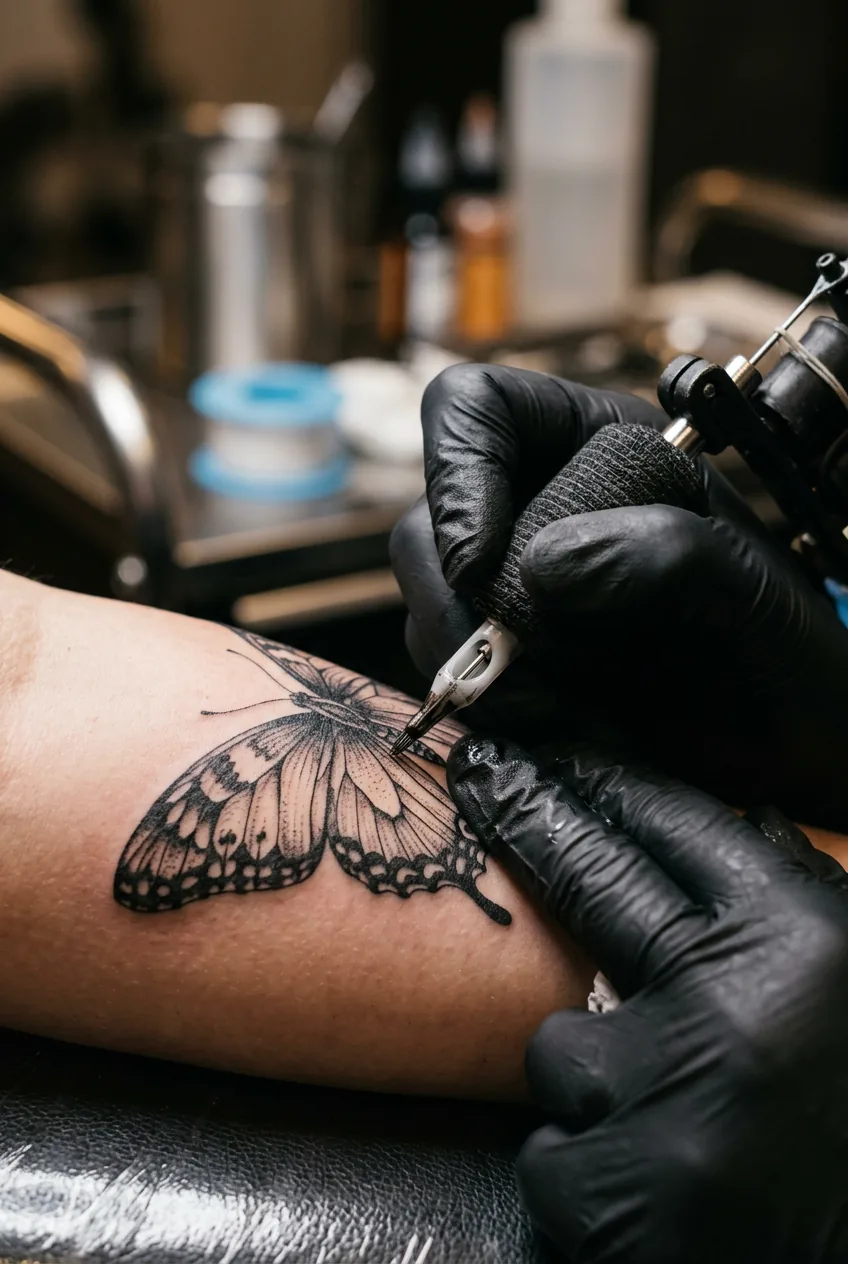 Tattoo artist's hand creating delicate wing patterns during butterfly tattoo session in studio