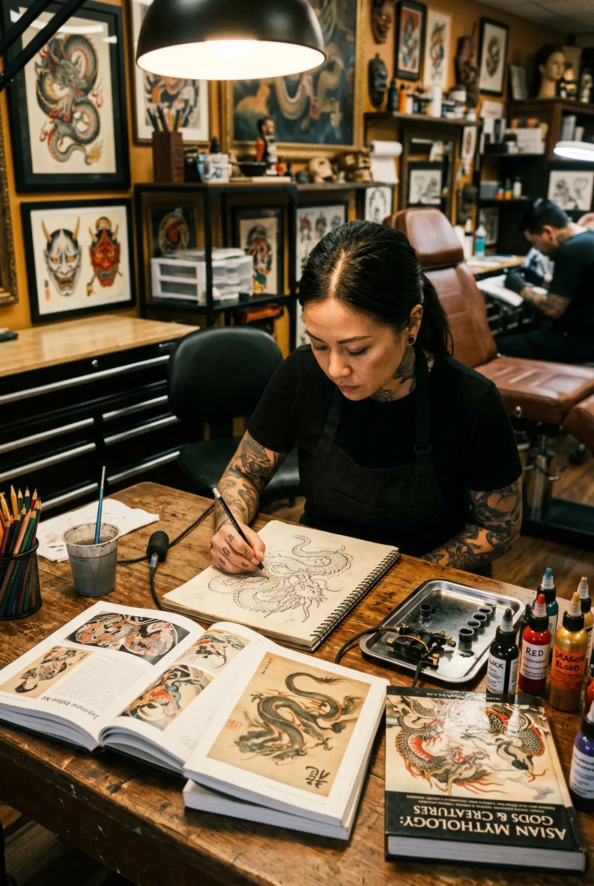 Professional tattoo artist sketching dragon design with mythology reference books and traditional equipment on desk