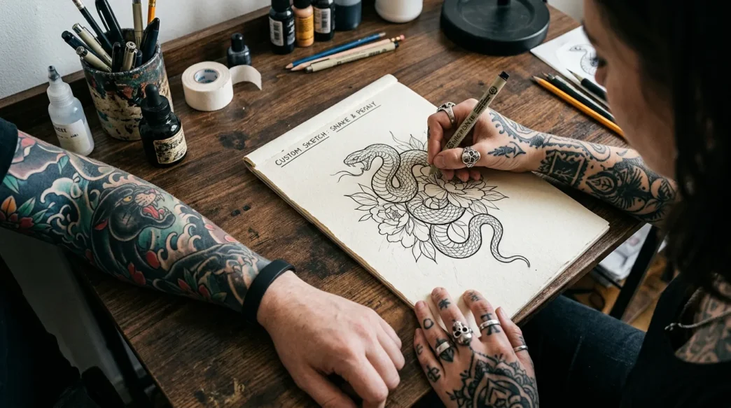 Tattoo artist's hand drawing custom design sketch on paper with client's tattooed arm resting nearby