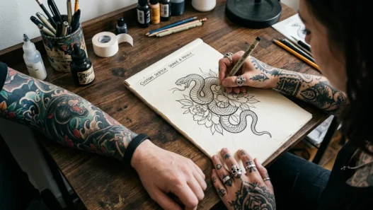 Tattoo artist's hand drawing custom design sketch on paper with client's tattooed arm resting nearby