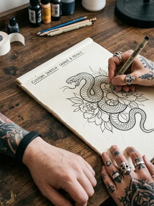 Tattoo artist's hand drawing custom design sketch on paper with client's tattooed arm resting nearby