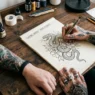 Tattoo artist's hand drawing custom design sketch on paper with client's tattooed arm resting nearby