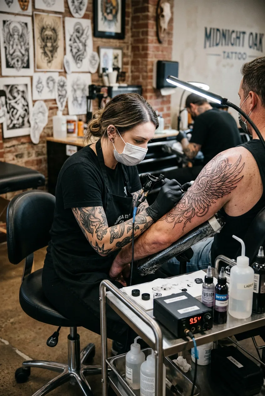 Tattoo artist creating detailed line work on mythological wing design in professional studio