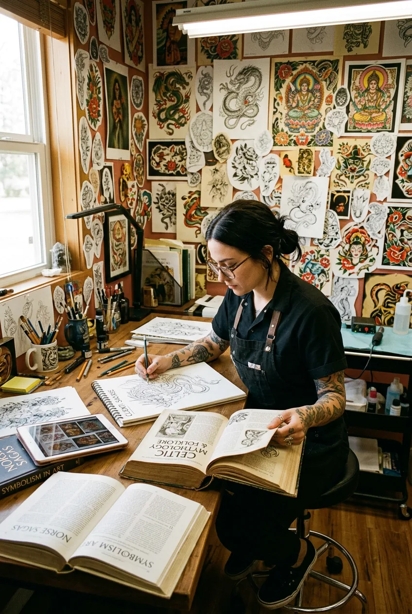 Female tattoo artist researching mythology symbols with reference books in authentic studio workspace