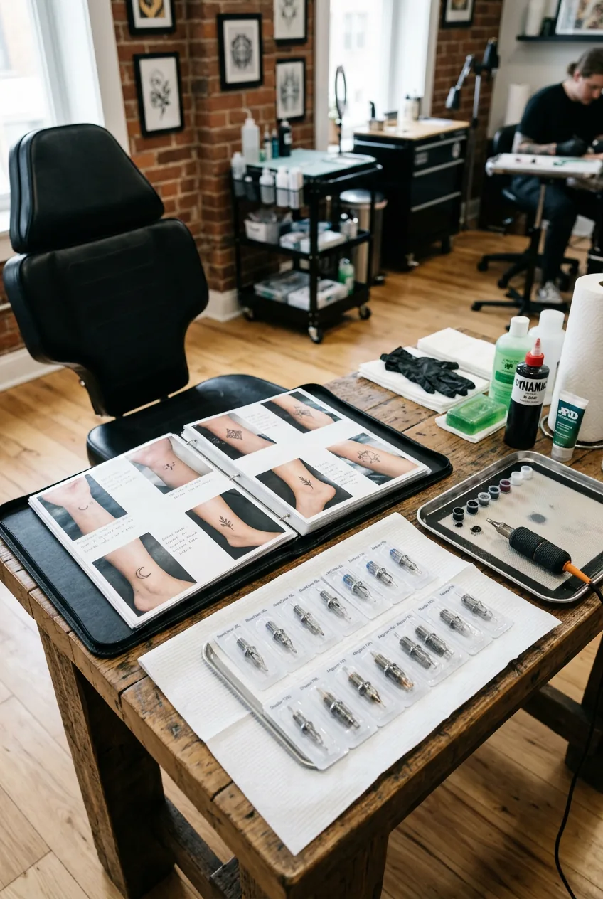 Tattoo artist's desk with portfolio showing healed small tattoos and various needle setups