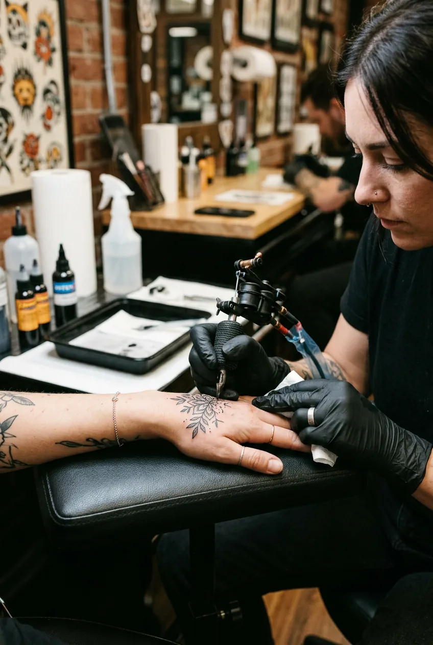 Tattoo artist working on client's hand with machine while stretching skin in professional studio