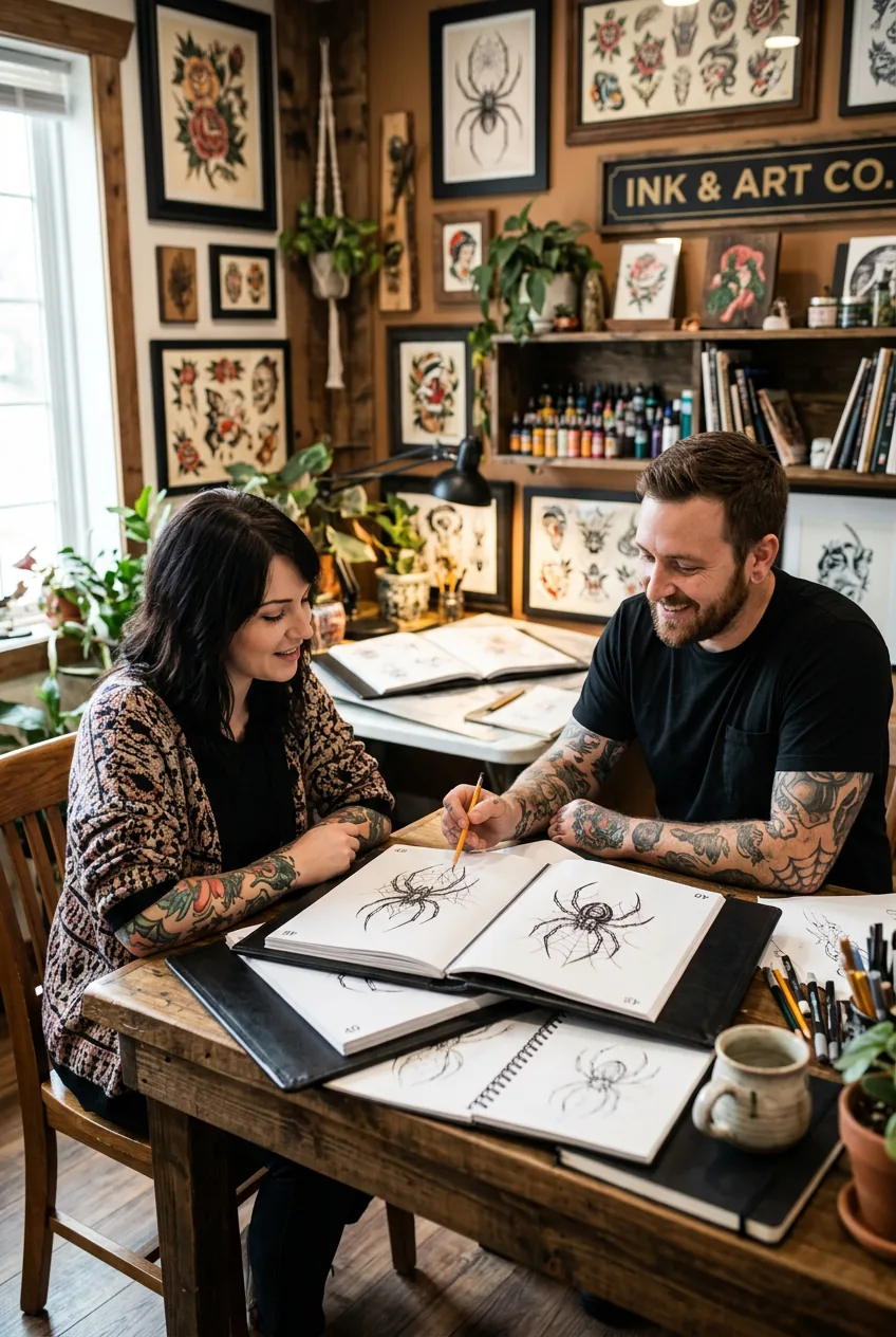 Tattoo consultation with artist and female client reviewing spider design portfolio options