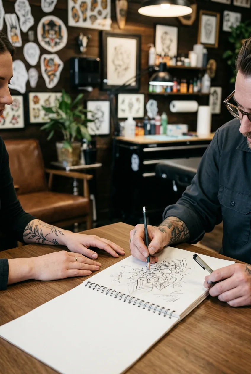 Tattoo artist sketching design modifications on paper during hand tattoo consultation session