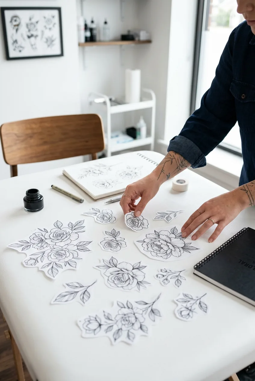 Flower tattoo stencils arranged on white table with artist's hands positioning design references