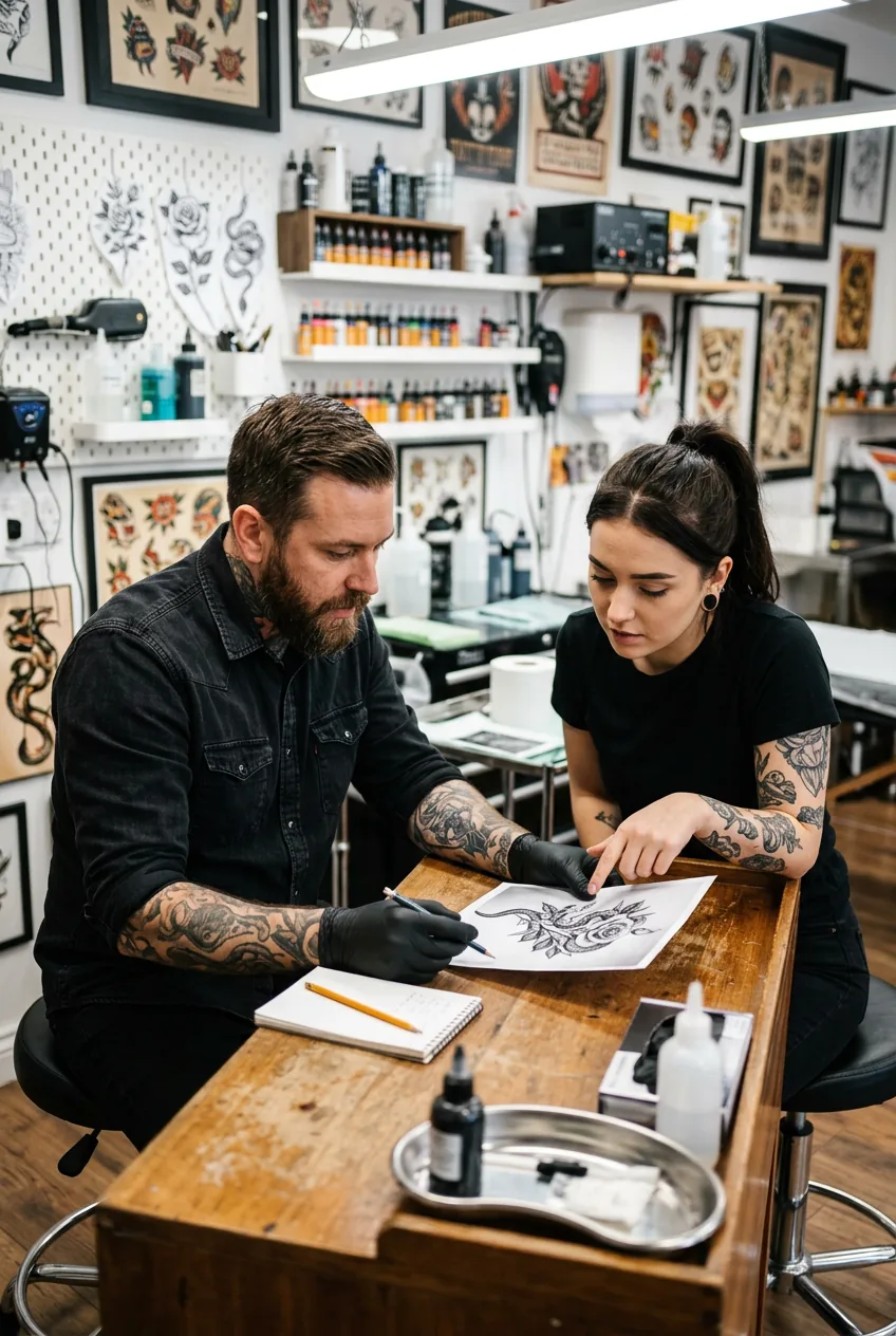 Tattoo artist and client examining single snake reference photo during consultation meeting