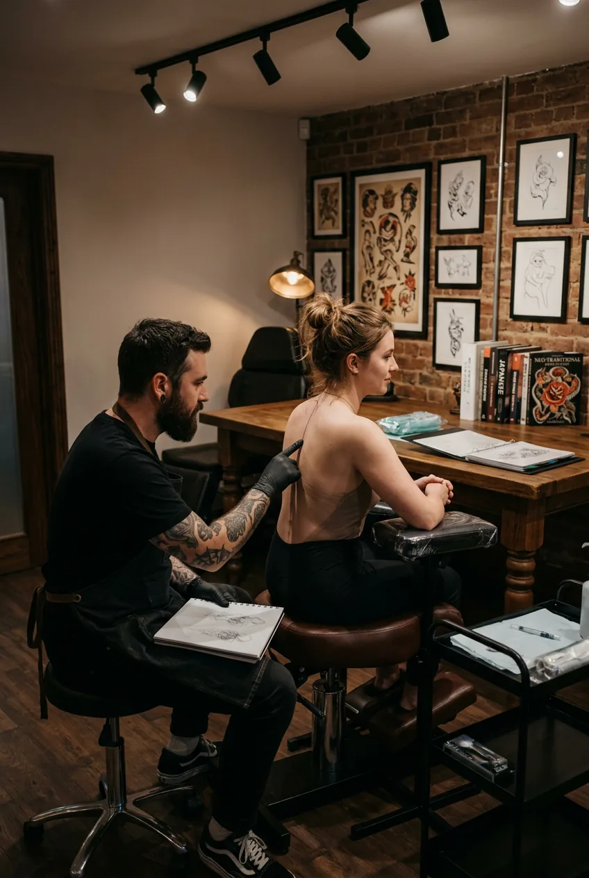 Professional tattoo consultation with artist examining client's spine area for tattoo placement