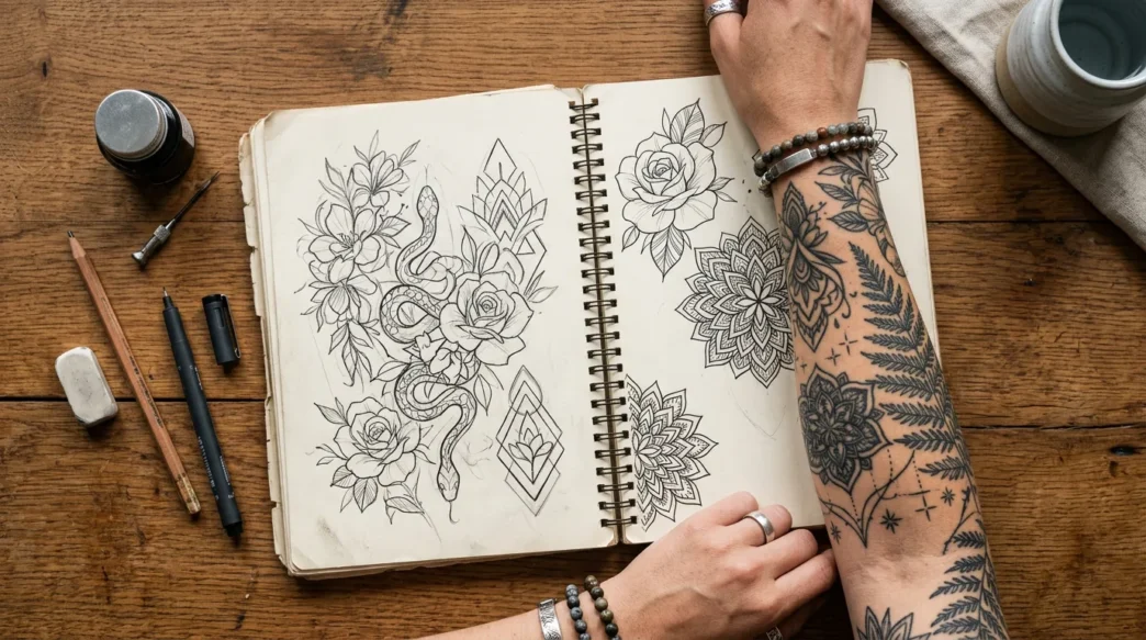 Overhead view of open tattoo sketchbook with design sketches beside tattooed woman's forearm and drawing tools