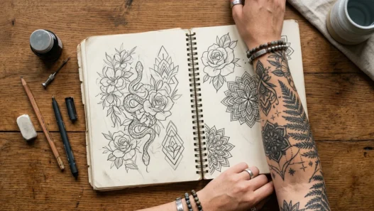 Overhead view of open tattoo sketchbook with design sketches beside tattooed woman's forearm and drawing tools