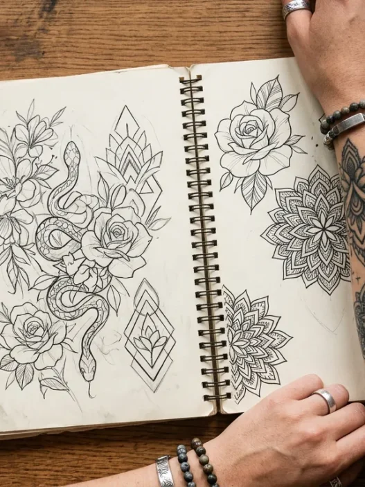 Overhead view of open tattoo sketchbook with design sketches beside tattooed woman's forearm and drawing tools