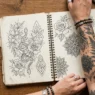 Overhead view of open tattoo sketchbook with design sketches beside tattooed woman's forearm and drawing tools
