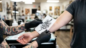 Tattoo artist holding printed design reference against woman's forearm checking size proportion in bright studio