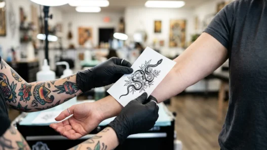 Tattoo artist holding printed design reference against woman's forearm checking size proportion in bright studio