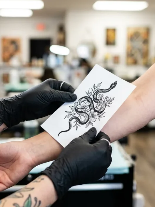 Tattoo artist holding printed design reference against woman's forearm checking size proportion in bright studio