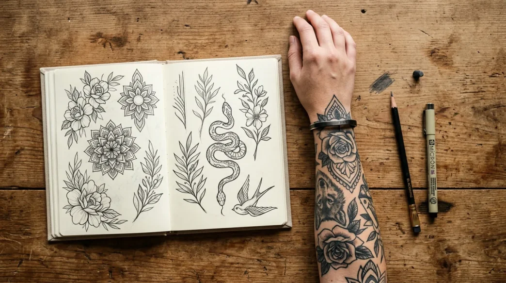 Overhead view of open tattoo sketchbook beside tattooed woman's forearm with pencil and liner on wood surface