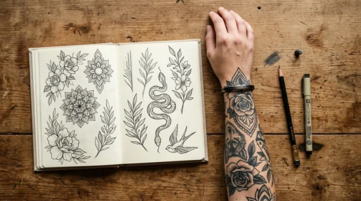 Overhead view of open tattoo sketchbook beside tattooed woman's forearm with pencil and liner on wood surface