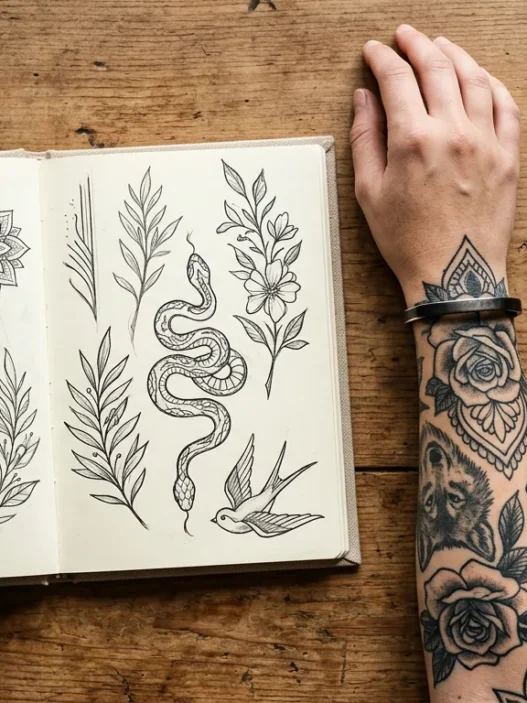 Overhead view of open tattoo sketchbook beside tattooed woman's forearm with pencil and liner on wood surface