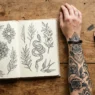 Overhead view of open tattoo sketchbook beside tattooed woman's forearm with pencil and liner on wood surface