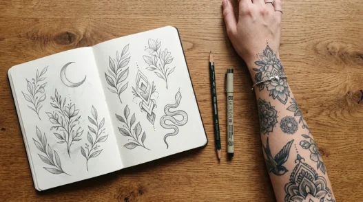 Overhead view of open tattoo design sketchbook beside woman's tattooed forearm with drawing tools on wooden surface