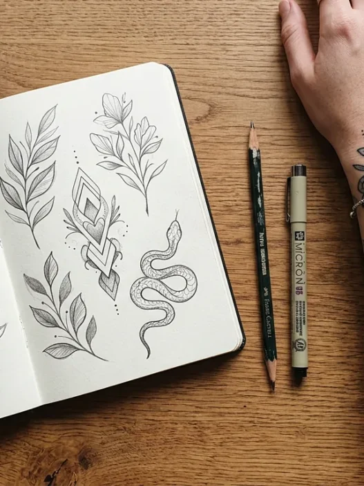 Overhead view of open tattoo design sketchbook beside woman's tattooed forearm with drawing tools on wooden surface
