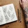 Overhead view of open tattoo design sketchbook beside woman's tattooed forearm with drawing tools on wooden surface