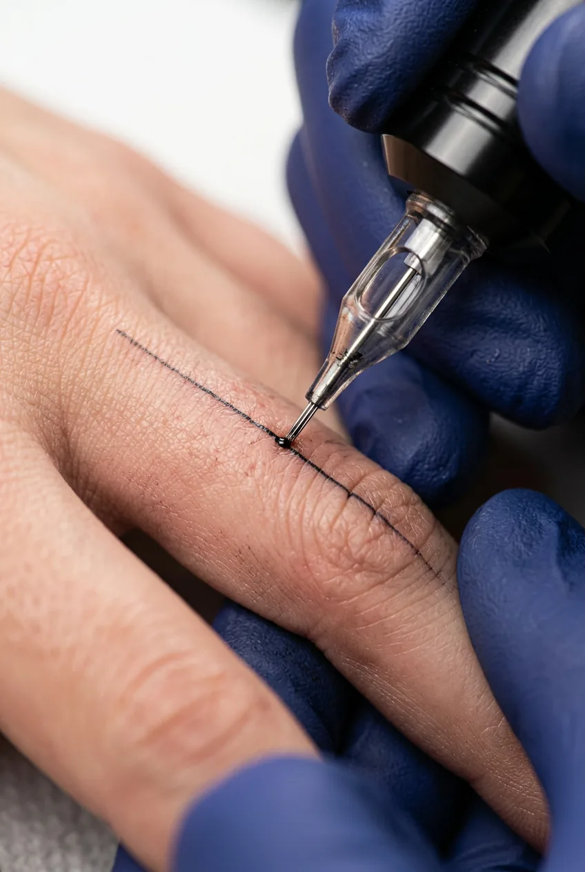 Extreme close-up of single tattoo needle working on finger skin with precision