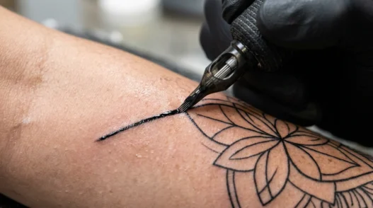 Close-up of tattoo needle creating precise black lines on skin under bright clinical lighting