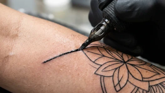 Close-up of tattoo needle creating precise black lines on skin under bright clinical lighting