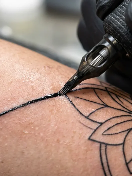 Close-up of tattoo needle creating precise black lines on skin under bright clinical lighting