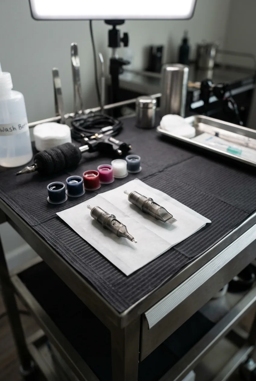 Professional tattoo needle groupings and ink setup comparing single needle to shader configurations on workstation