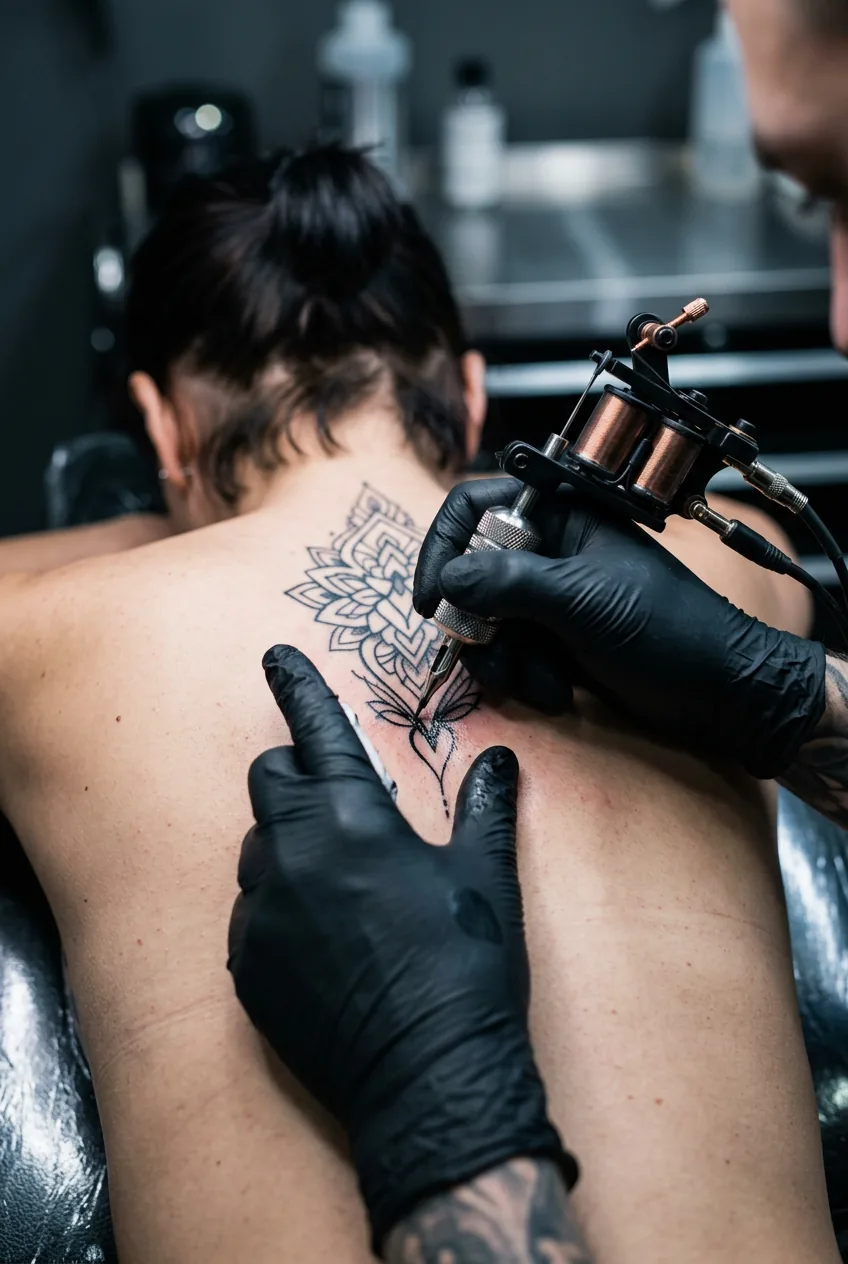 Close-up of tattoo machine working on upper spine between shoulder blades during active session