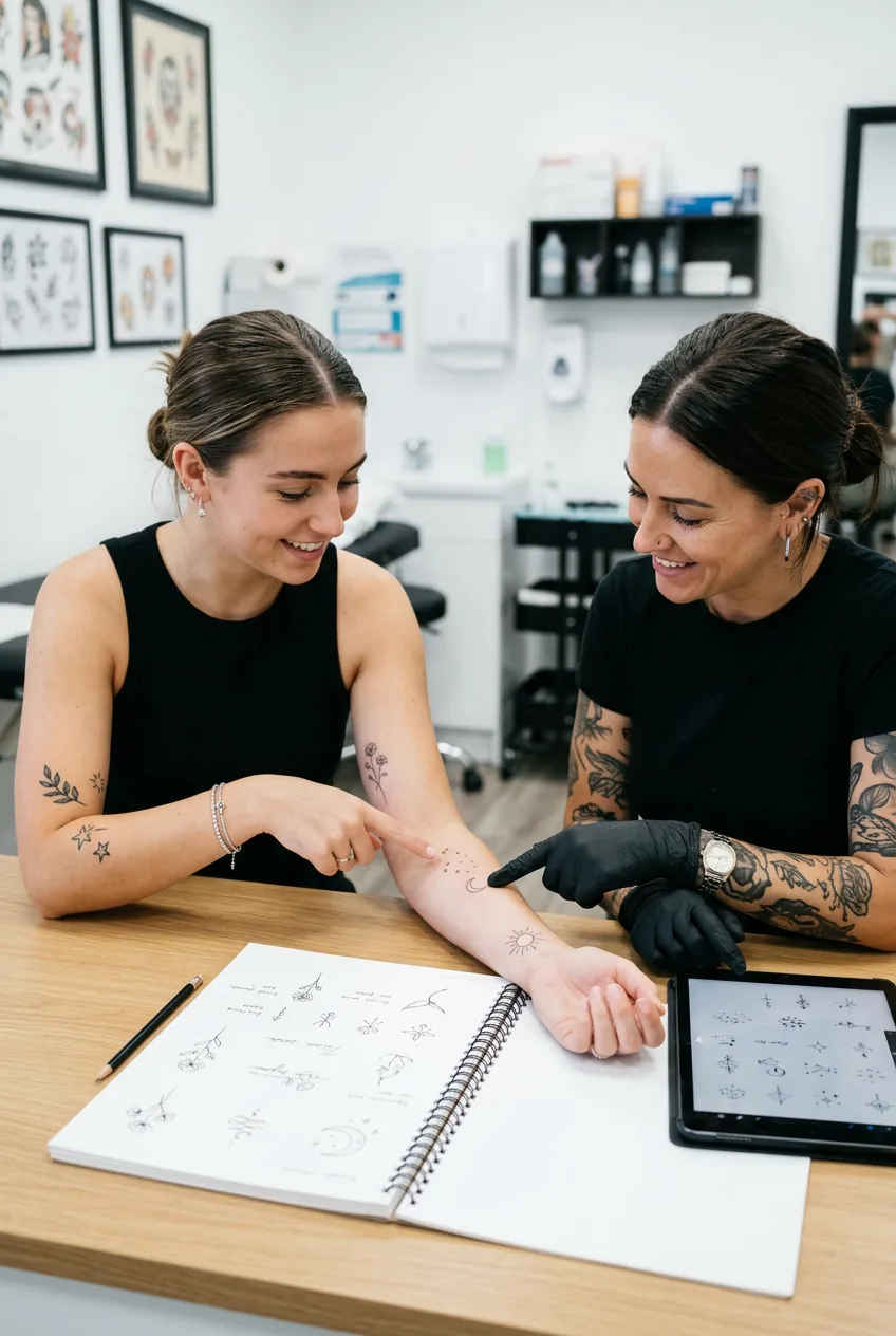 Tattoo artist showing various small tattoo placement options on woman's arm during consultation