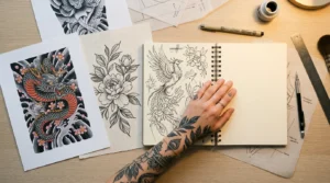 Overhead view of tattoo reference images and sketches scattered on white desk with tattooed hand resting beside planning materials