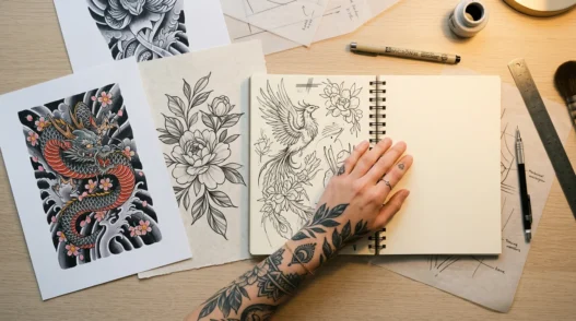 Overhead view of tattoo reference images and sketches scattered on white desk with tattooed hand resting beside planning materials