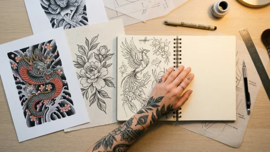 Overhead view of tattoo reference images and sketches scattered on white desk with tattooed hand resting beside planning materials