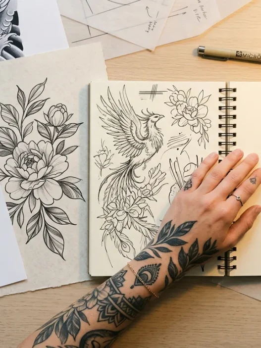 Overhead view of tattoo reference images and sketches scattered on white desk with tattooed hand resting beside planning materials