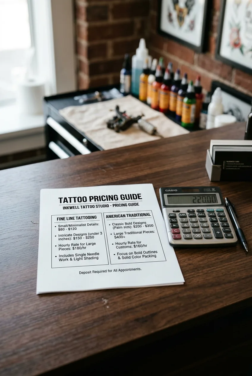 Tattoo artist's desk with pricing calculator and cost breakdown sheets for different tattoo styles