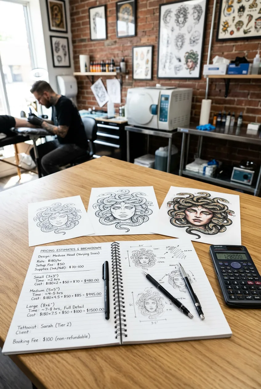 Tattoo pricing notes and calculator beside various sized Medusa designs showing cost breakdown estimates