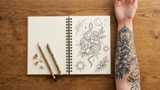 Open tattoo design sketchbook beside woman's tattooed forearm with drawing tools on wooden surface