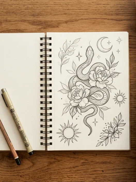 Open tattoo design sketchbook beside woman's tattooed forearm with drawing tools on wooden surface