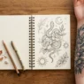 Open tattoo design sketchbook beside woman's tattooed forearm with drawing tools on wooden surface