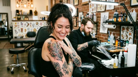 Woman looking down at fresh shoulder tattoo with delighted expression in bright tattoo studio