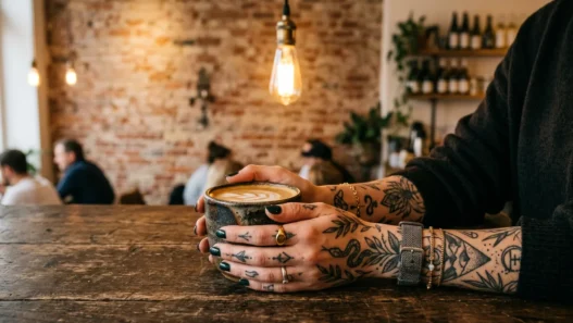 Woman with tattooed hands wrapped around ceramic coffee cup in trendy cafe with warm lighting